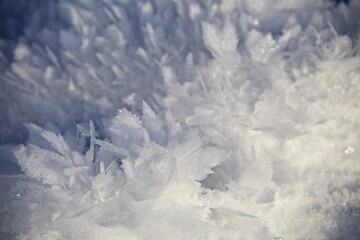 Fototapeta na wymiar White ice crystals in bright sunlight. Macro photography of ice crystal texture. Snow crystals close-up on a bright frosty winter day. White sparkling snow surface close up. Abstract snowy pattern.