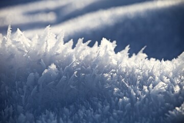White ice crystals in bright sunlight. Macro photography of ice crystal texture. Snow crystals...