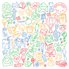 Back to school. Vector illustration with icons about education. English learning. Online internet courses.