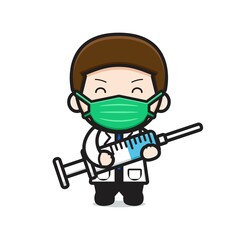 Cute doctor holding syringe cartoon icon vector illustration
