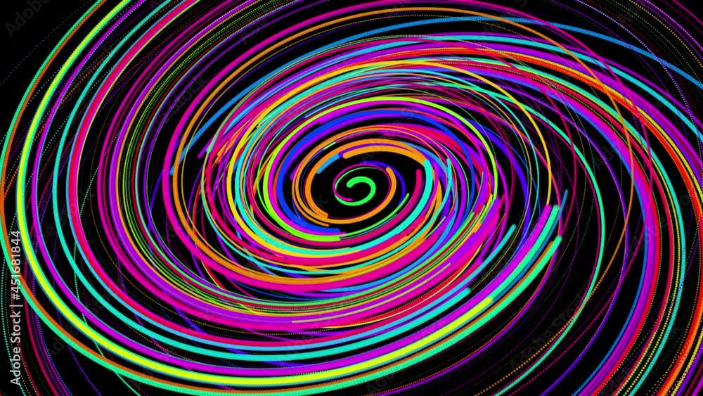 Poster colored lines or streaks swirling in spiral fly along swirling path. motion design bg of particles s
