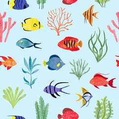 Seamless tropical sea fish pattern. Coral reef watercolor vector illustration.	