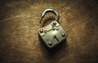 Vintage hinged metal open lock on a wooden table in a retro style. Opening locks, solving problems.