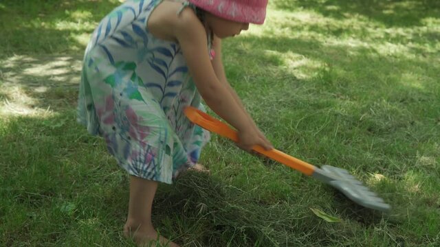 Authentic Cute Little Girl Helps Look After the Lawn Near the House. Child Removes Dry Grass with Toy Rake. Cute Baby Doing Housework. Childhood, Lifestyle, Nature, Hot Summer, Home Leisure concept