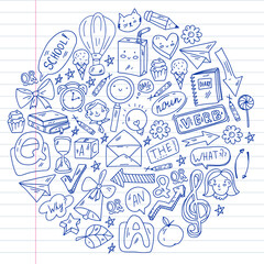 Back to school. Vector illustration with icons about education. English learning. Online internet courses.