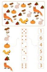 Worksheet for teaching mathematics and numeracy on the topic of autumn. For preschool children and kindergarten children who study numbers and counting. Vector illustration