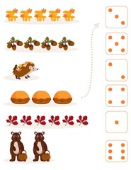 Fototapeta premium Worksheet for teaching mathematics and numeracy on the topic of autumn. For preschool children and kindergarten children who study numbers and counting. Vector illustration
