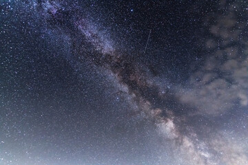 Beautiful bright milky way galaxy on the dark starry sky. Space, astronomical background. Cosmos wallpaper. Deep space