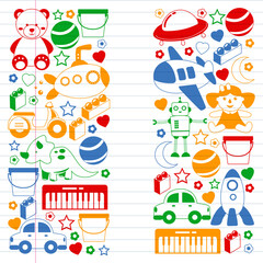 Fototapeta premium Vector pattern with the collection of toys. Doll, submarine, plane, ship. Children and kindergarten illustration.