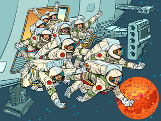 A group of astronauts runs out of a spaceship to Mars © studiostoks