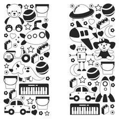 Vector pattern with the collection of toys. Doll, submarine, plane, ship. Children and kindergarten illustration.