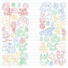 Children play with toys in the kindergarten. Kids playground. Education, creativity, imagination.