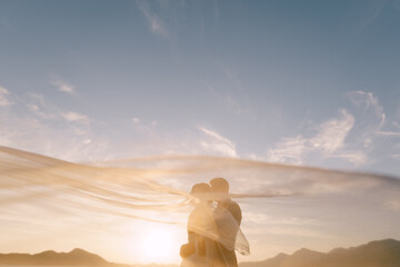 Groom kisses bride under a fluttering veil against the background of mountains and sky