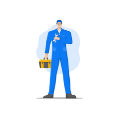 vector illustration of a mechanic holding a wrench tool to provide technical services