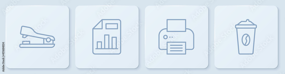 Poster set line stapler, printer, document with graph chart and coffee cup to go. white square button. vect