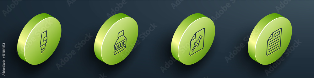 Aufkleber set isometric line marker pen, glue, note paper with push button and file document icon. vector