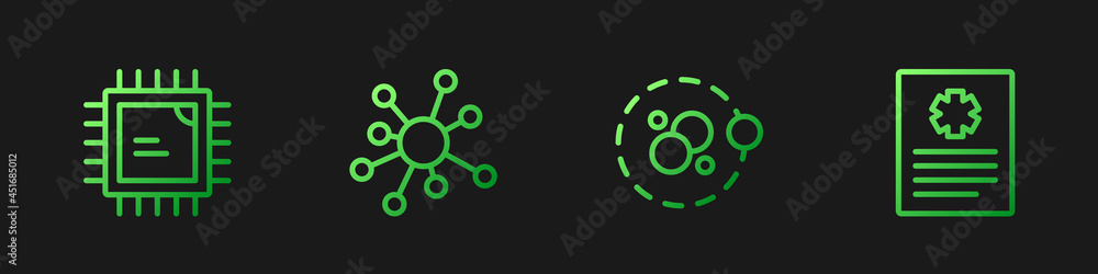 Poster set line atom, processor cpu, molecule and patient record. gradient color icons. vector