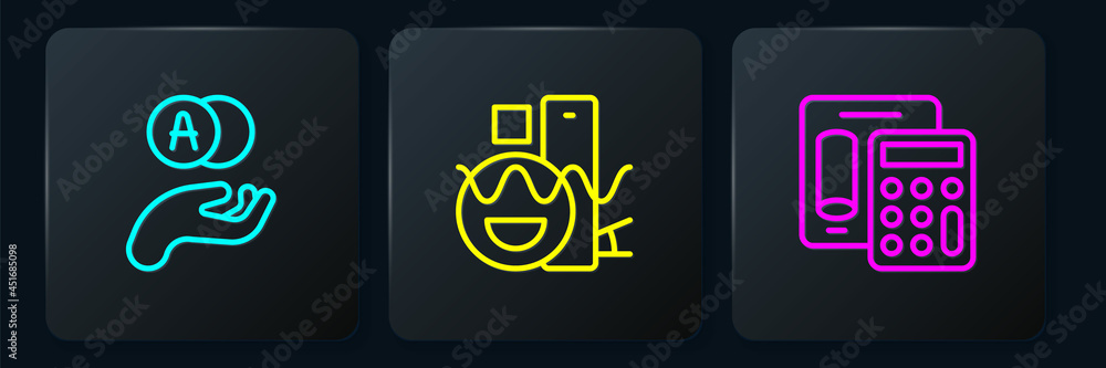 Aufkleber set line atom, calculator and basic geometric shapes. black square button. vector