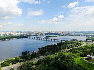 Dnieper river in Kiev in summer. Aerial drone view.