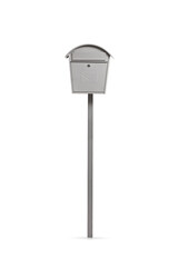 Studio shot of a silver metal mail box on a pole