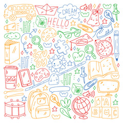 School, kindergarten with cute vector children. Creativity and imagination. Dancing, singing, painting, online education.