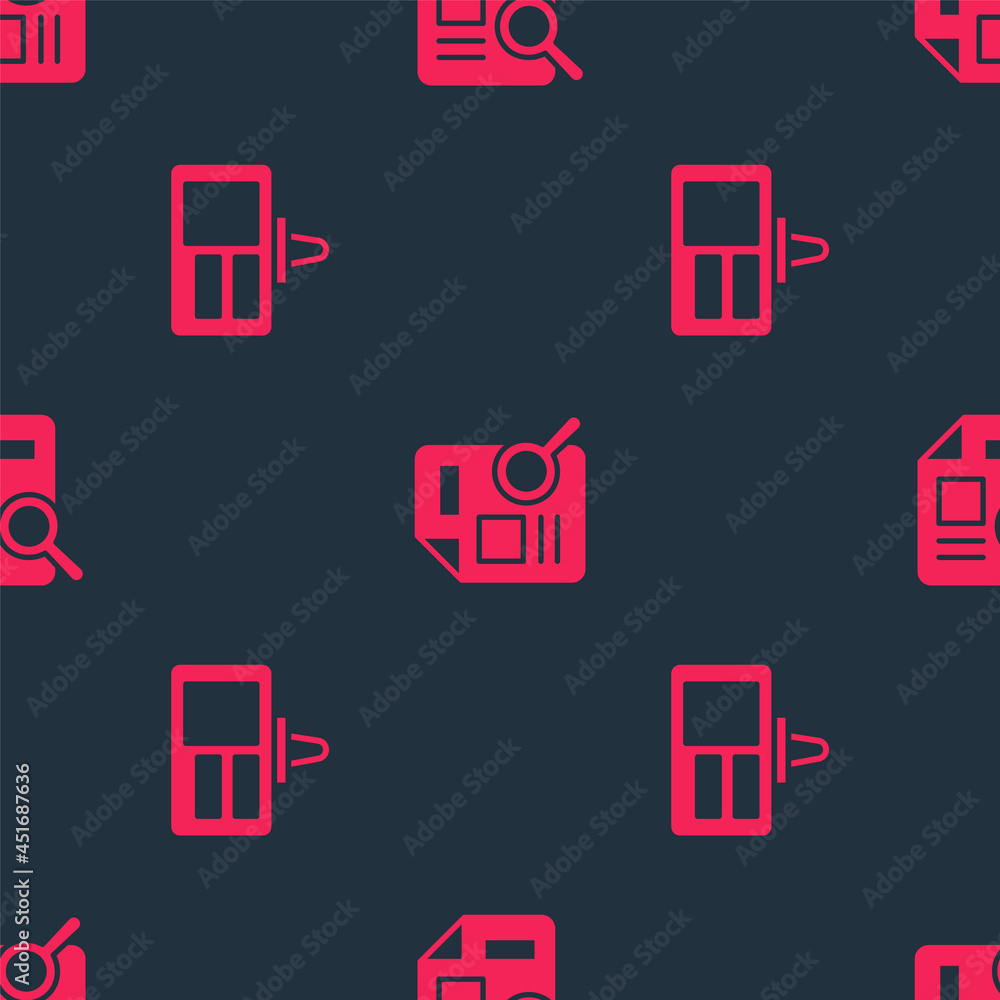 Poster set identification badge and document with graph chart on seamless pattern. vector