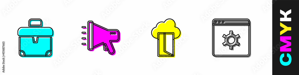 Poster set briefcase, megaphone, cloud database and browser setting icon. vector