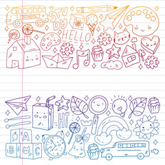 School, kindergarten icons for children. Creativity and imagination. Online education. Dancing, singing, painting.