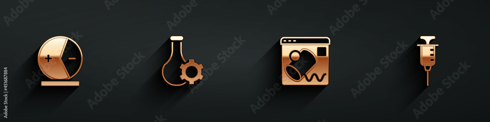 Poster set atom, test tube, data visualisation and syringe icon with long shadow. vector