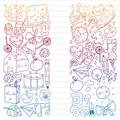 School, kindergarten icons for children. Creativity and imagination. Online education. Dancing, singing, painting.