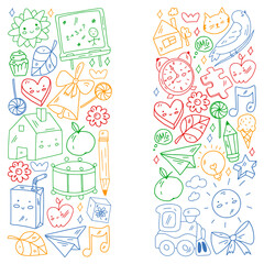 School, kindergarten icons for children. Creativity and imagination. Online education. Dancing, singing, painting.