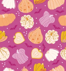 Poster Simple minimalism pumpkin seamless pattern. Pink background with orange vegetable elements. Perfect for wallpaper, wrapping paper, textile print, fabric. Vector illustration. © smile_flower