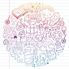 Naklejka premium School, kindergarten icons for children. Creativity and imagination. Online education. Dancing, singing, painting.