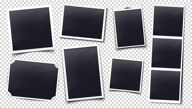Photo card frames mockup. Photography presentation frame with shadow and white border. Retro photos template isolated vector set