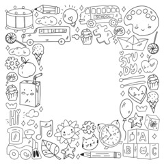 School, kindergarten icons for children. Creativity and imagination. Online education. Dancing, singing, painting.