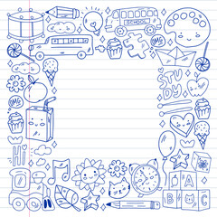 School, kindergarten icons for children. Creativity and imagination. Online education. Dancing, singing, painting.