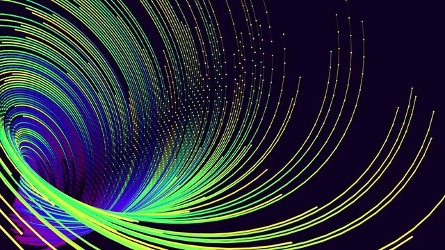 Running or shifting lights. 3d abstract bg with glow particles. Particles or dots with neon light, form surface of 3d object like funnel. Bright creative motion design bg. Luma matte as alpha channel.