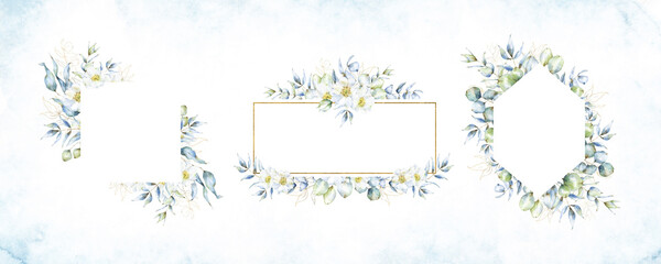 Set of three delicate watercolor frames, square, diamond and border, with hand painted eucalyptus branches and leaves and rose hip flowers, for wedding cards and invitations