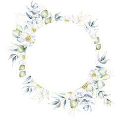 Round frame isolated on white background with watercolor eucalyptus branches, leaves and rose hip flowers