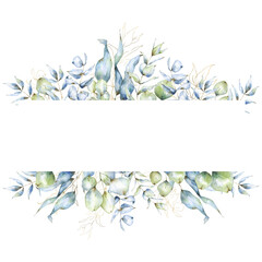 Eucalyptus border frame with watercolor branches and leaves, wedding floral arrangement, for cards, invitations, post templates