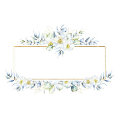 Floral rectangular watercolor and golden border frame with eucalyptus branches and leaves, decorated with small rose hip flowers