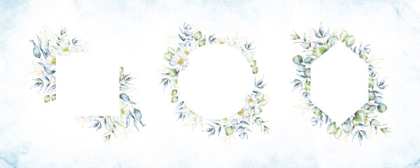 Set of three square, round and diamond frames, with watercolor eucalyptus plant and rose hip flowers, floral arrangement, wedding template