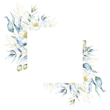 Square floral arrangement with watercolor eucalyptus branches, leaves, hand painted rose hip flowers and golden clipart