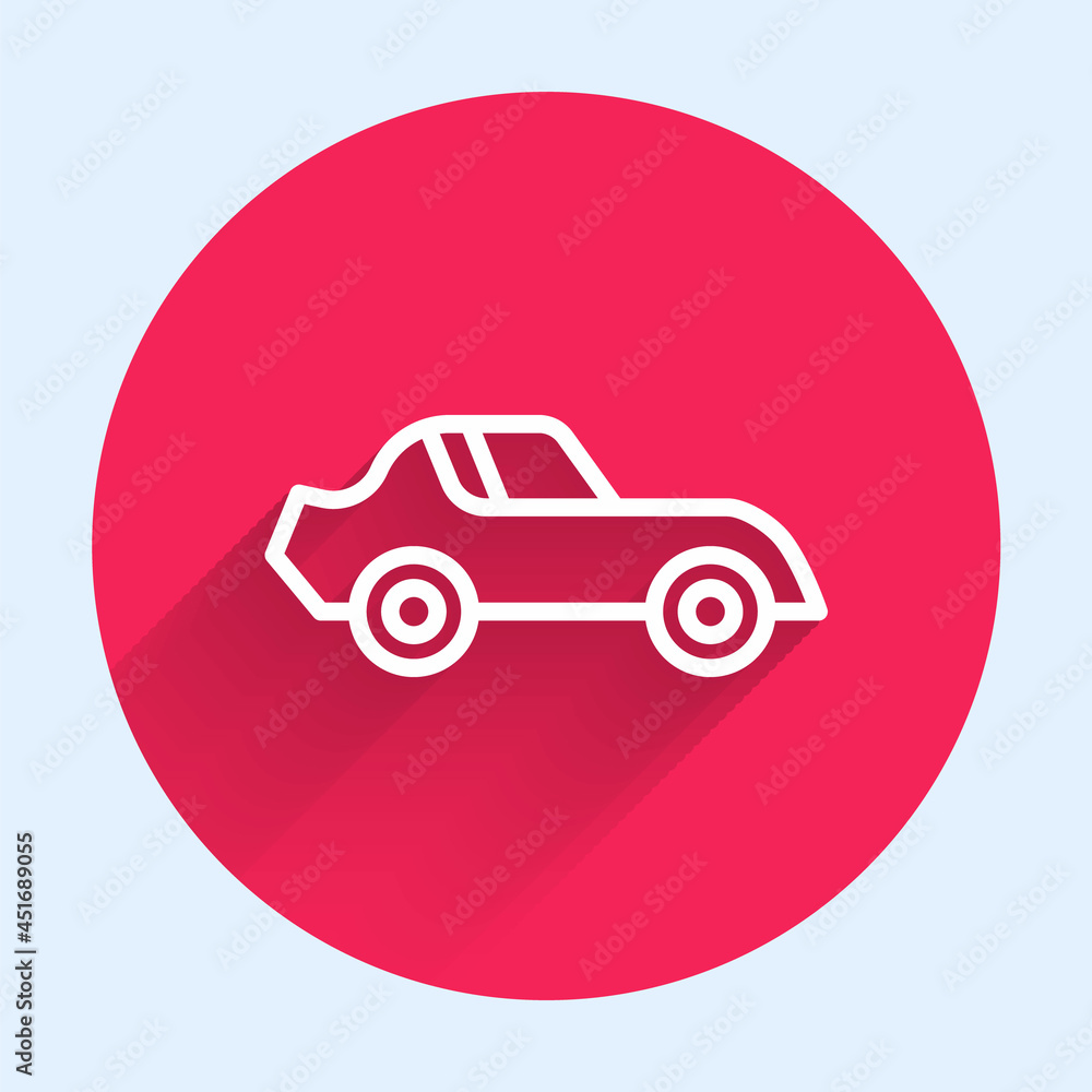 Poster white line car icon isolated with long shadow background. red circle button. vector