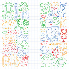 Vector pattern. School and online education. Little boys and girls play and grow together.