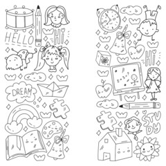 Vector pattern. School and online education. Little boys and girls play and grow together.