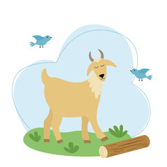 Vector illustration with a goat on a background of sky and grass in flat style.