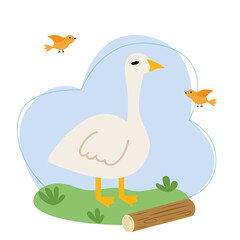 Vector illustration with a goose on a background of sky and grass in flat style.