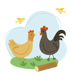 Vector illustration with a chicken and a rooster on a background of sky and grass in flat style.