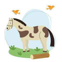 Vector illustration with a horse or pony on a background of sky and grass in flat style.